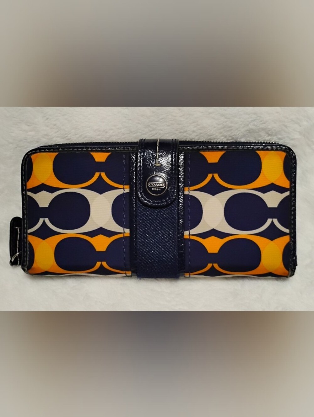 Coach Zip Around Navy Orange & White Signature Wallet! Navy Leather Trim!
